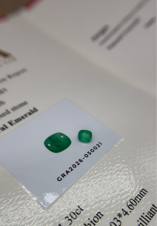 A gemstone presented with its independent laboratory report