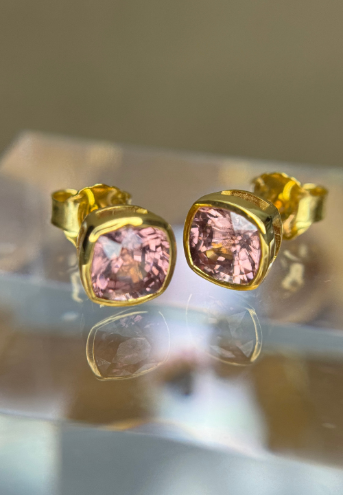 Matched pink cushion zircon stud earrings set in 9K gold